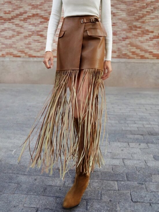 Khaki Bohemian Women's Wrap Midi Skirt Tassel Hem - Picture 5 of 6